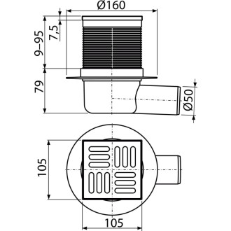 ALCA  APV31 Podlahová vpust 105×105/50 mm boční, mřížka nerez, zápachová uzávěra SMART