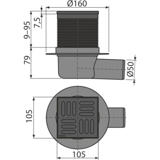 ALCA  APV31BLACK Podlahová vpust 105×105/50 mm boční, zápachová uzávěra SMART