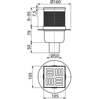 ALCA APV32 Podlahová vpust 105×105/50 mm přímá, mřížka, kombinovaná zápach. uzávěra SMART