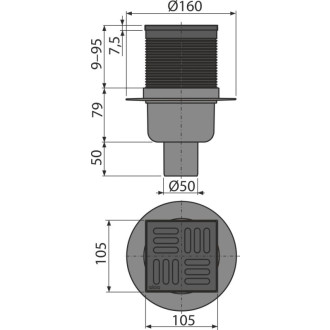 ALCA  APV32BLACK Podlahová vpust 105×105/50 mm přímá, zápachová uzávěra SMART
