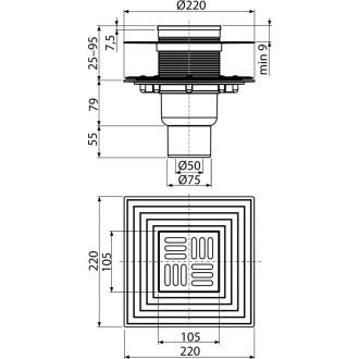 ALCA  APV4344 Podlahová vpust 105×105/50/75 mm přímá, mřížka nerez, zápachová uzávěra