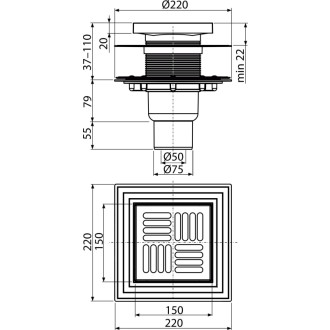 ALCA  APV4444 Podlahová vpust 150×150/50/75 mm přímá, mřížka nerez, zápachová uzávěra