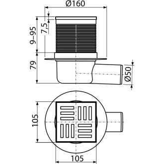 ALCA  APV5111 Podlahová vpust 105×105/50 mm boční, mřížka šedá, vodní zápachová uzávěra
