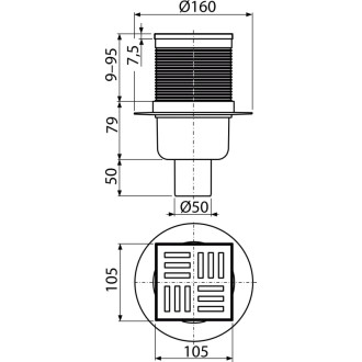 ALCA  APV6111 Podlahová vpust 105×105/50 mm přímá, mřížka šedá, vodní zápachová uzávěra