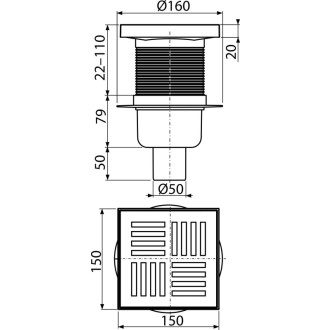 ALCA  APV6211 Podlahová vpust 150×150/50 mm přímá, mřížka šedá, vodní zápachová uzávěra