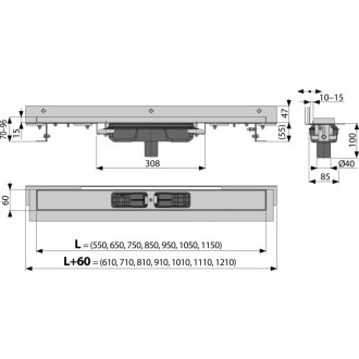 ALCA APZ1104-1150 Flexible Low Podlahový žlab s okrajem pro perforovaný rošt svislý odtok
