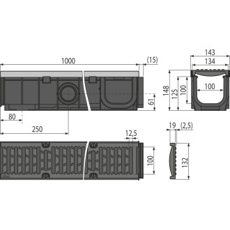 ALCA  AVZ103-R202 Venkovní žlab 100 mm s kovovým rámem a litinovým roštem C250