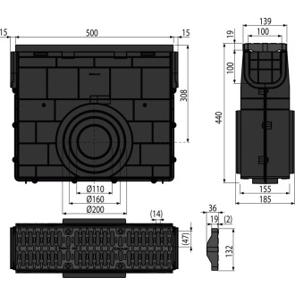 ALCA  AVZ104R-R401 Venkovní žlabová vpust pro AVZ104 s plast. rámem a plastovým roštem A15