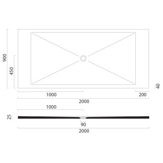 Keramická sprchová vanička, obdélník 200x90x2cm, cenere mat
