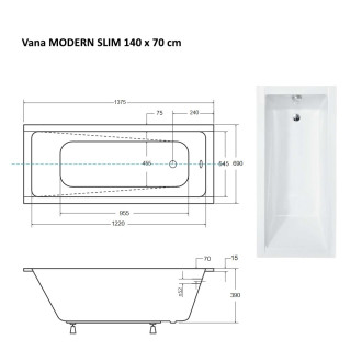 Obdélníková vana MODERN SLIM - 140 × 70 cm, s nožičkami