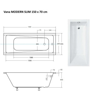 Obdélníková vana MODERN SLIM - 150 x 70 cm, s nožičkami