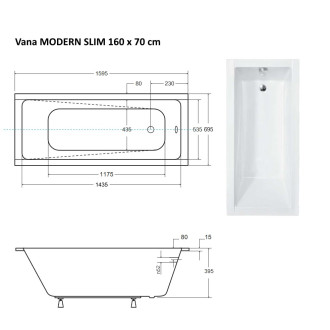 Obdélníková vana MODERN SLIM - 160 x 70 cm, s nožičkami