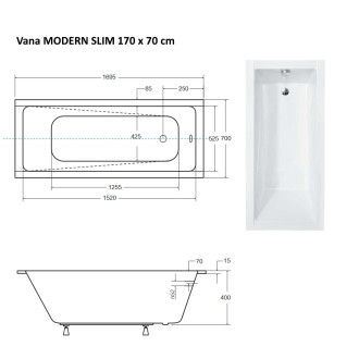 BESCO vana MODERN SLIM 170 (1700x700 mm), bez nožiček VANMOD17SLIM