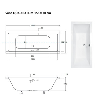 Obdélníková vana QUADRO SLIM - 155 X 70 cm, s nožičkami