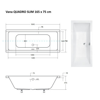 BESCO vana QUADRO SLIM 165 (1650x750 mm), bez nožiček VANQAUD165SLIM