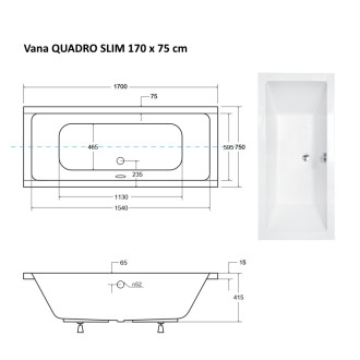 BESCO vana QUADRO SLIM 170 (1700x750 mm), bez nožiček VANQAUD170SLIM