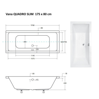 Obdélníková vana QUADRO SLIM - 175 x 80 cm, s nožičkami