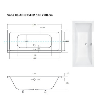 BESCO vana QUADRO SLIM 180 (1800x800 mm), bez nožiček VANQAUD180SLIM