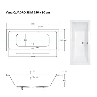 BESCO vana QUADRO SLIM 190 (1900x900 mm), bez nožiček VANQAUD190SLIM
