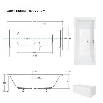 Obdélníková vana QUADRO - 165 x 75 cm, s nožičkami