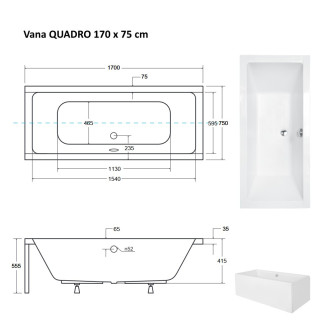 BESCO vana QUADRO 170 (1700x750 mm), bez nožiček VANQAUD170