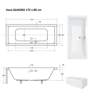 BESCO vana QUADRO 175 (1750x800 mm), bez nožiček VANQAUD175