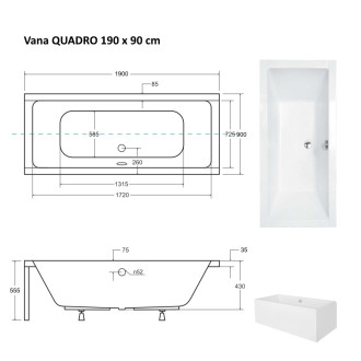 BESCO vana QUADRO 190 (1900x900 mm), bez nožiček VANQAUD190