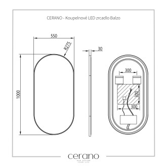CERANO Koupelnové LED zrcadlo Balzo, kovový rám černá matná 55x100 cm CER-NT8144H-55X100