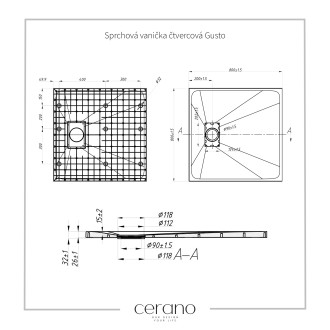CERANO Sprchová vanička čtvercová Gusto černá matná 80x80 cm CER-414563