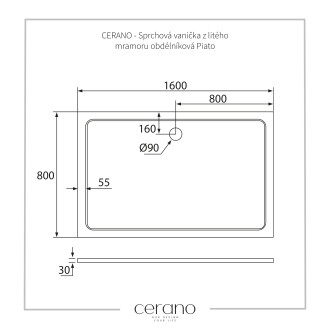 CERANO Sprchová vanička z litého mramoru obdélníková Piato bílá matná 160x80cm CER-GSR8016