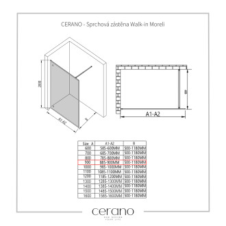CERANO Sprchová zástěna Walk-in Moreli L/P černá matná, transp.sklo 90x200 cm CER-417608