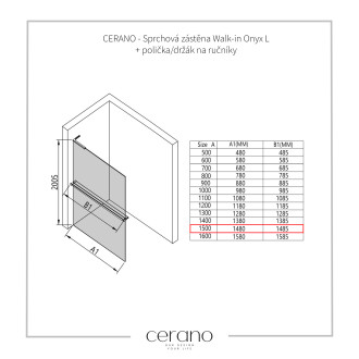 CERANO Sprchová zástěna Walk-in Onyx L/P držák L-levá  černá mat, transparent sklo 150x200
