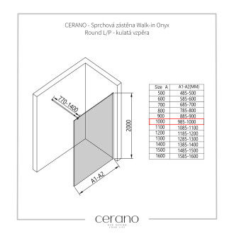 CERANO Sprch.zástěna Walk-in Onyx L/P černá mat., transp.sklo 100x200cm CER-DY101B-100-200