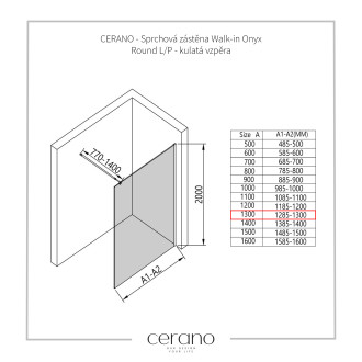 CERANO Sprchová zástěna Walk-in Onyx L/P černá matná, transp.sklo 130x200 cm CER-426370