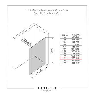 CERANO Sprchová zástěna Walk-in Onyx L/P černá matná, transp.sklo 140x200 cm CER-426373