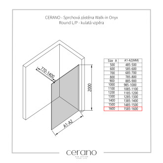 CERANO Sprchová zástěna Walk-in Onyx L/P černá matná, transp.sklo 160x200 cm CER-426379