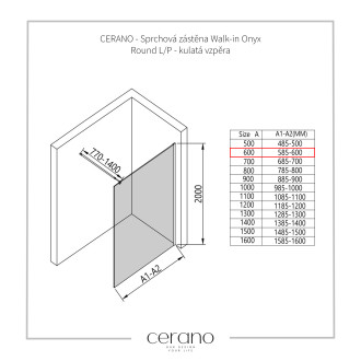 CERANO Sprch.zástěna Walk-in Onyx L/P černá matná, transp.sklo 60x200cm CER-DY101B-60-200