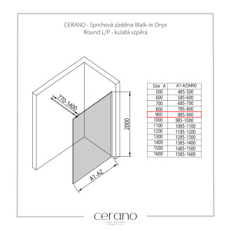 CERANO Sprch.zástěna Walk-in Onyx L/P černá matná, transp.sklo 90x200cm CER-DY101B-90-200