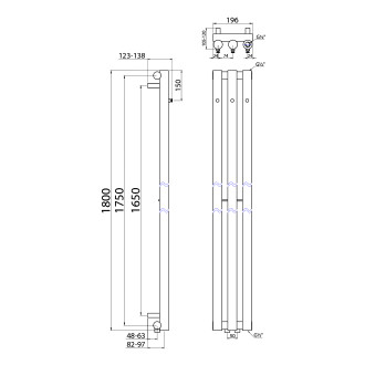 PILON otopné těleso 196x1800mm, se třemi háčky pro ručník, černá mat