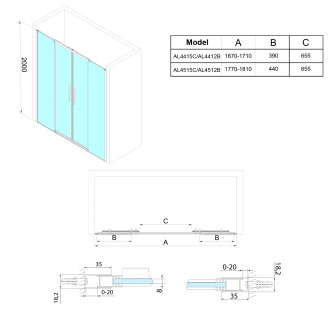 ALTIS BLACK posuvné dveře 1770-1810mm, výška 2000mm, čiré sklo
