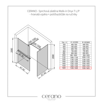 CERANO Sprchová zástěna Walk-in Onyx T L/P +držák černá mat, grafitové sklo 160x140