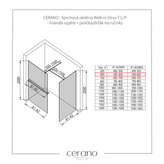 CERANO Sprchová zástěna Walk-in Onyx T L/P +držák černá mat, grafitové sklo 60x50