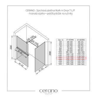 CERANO Sprchová zástěna Walk-in Onyx T L/P +držák černá mat, industriální sklo 130x90