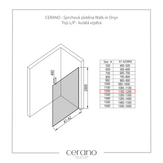 CERANO Sprchová zástěna Walk-in Onyx Top L/P 8mm černá mat/industriální sklo 120x200