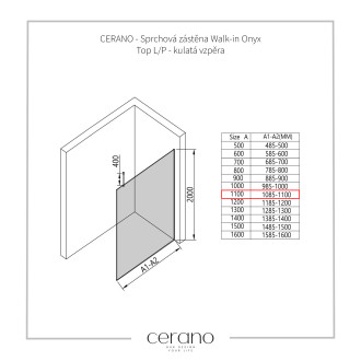 CERANO Sprchová zástěna Walk-in Onyx Top L/P chrom, grafitové sklo 110x200