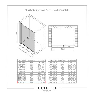 CERANO Sprchové 2-křídlové dveře Antelo L/P černá mat, transparent sklo 120x190