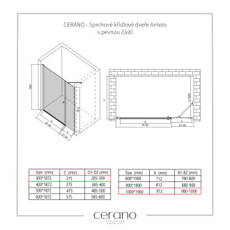 CERANO Sprchové křídlové dveře Antelo L/P černá matná, transp.sklo 100x30 cm CER-435818