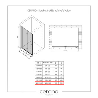 CERANO Sprchové skládací dveře Volpe L/P černá mat, transparent sklo 120x190