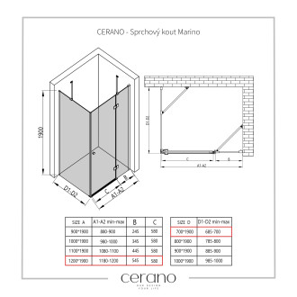CERANO Sprchový kout Marino L/P černá matná, transp.sklo 120x70 cm křídlový CER-422898
