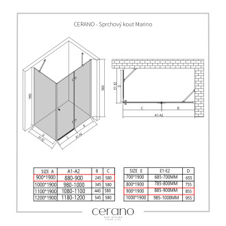 CERANO Sprchový kout Marino L/P chrom, transparentní sklo 90x90 cm křídlový CER-422766